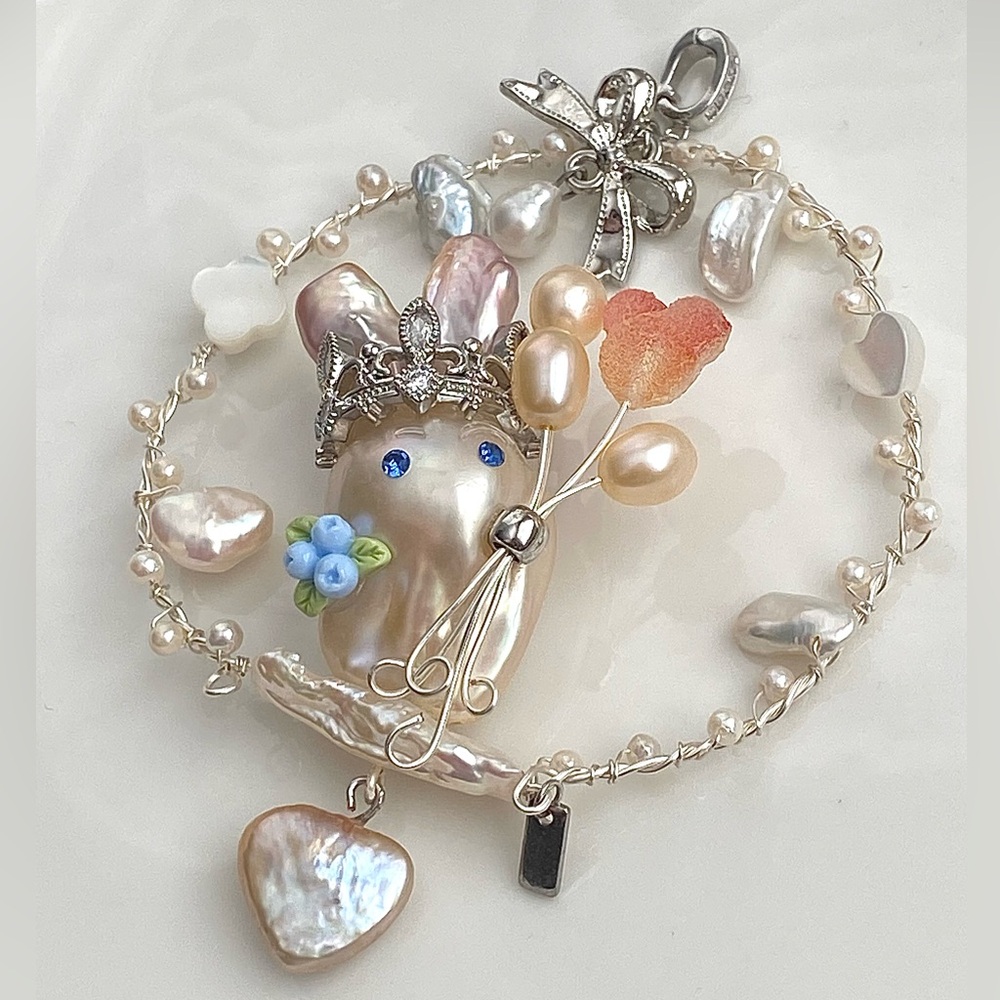 P230-Handmade Premium Flameball Pearl Bunny Detachable Pendant - Picture 3 of 15